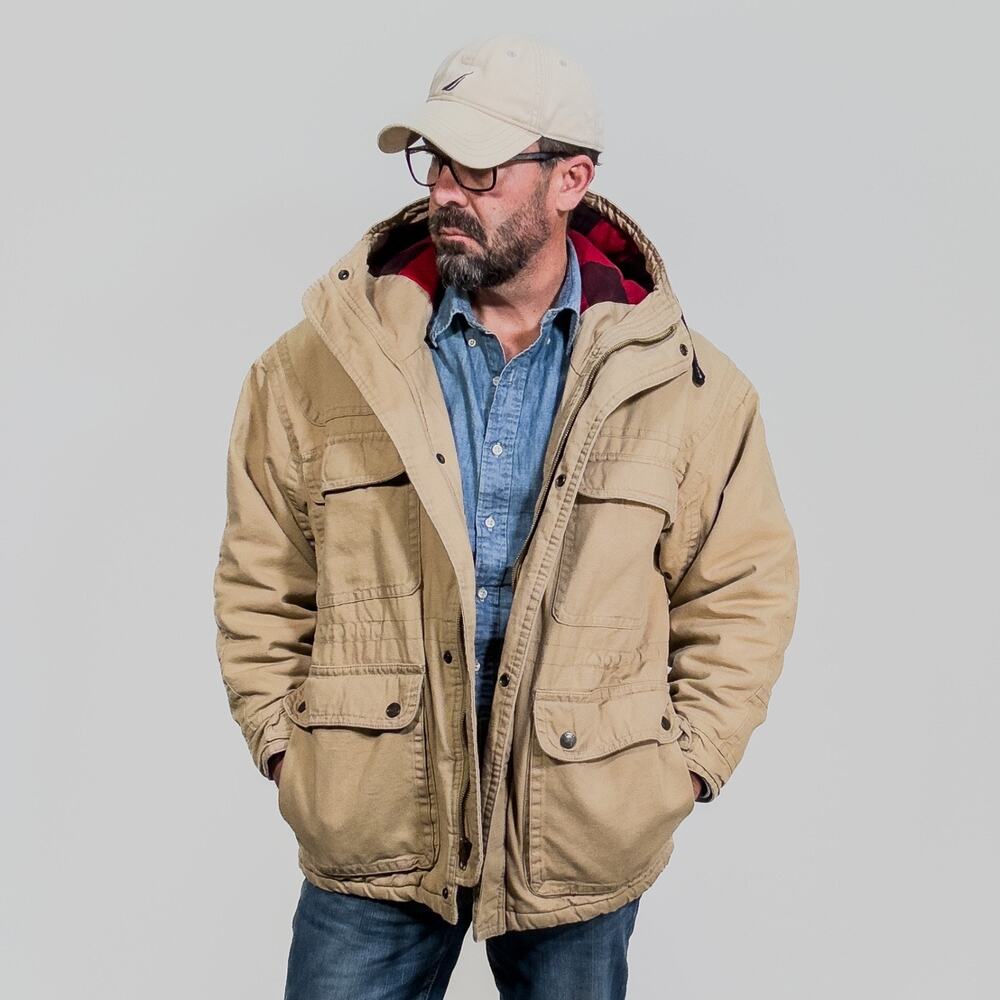 St. Johns Bay Canvas Work Jacket Quilted Fleece Lined M Cargo Pockets Chore Barn